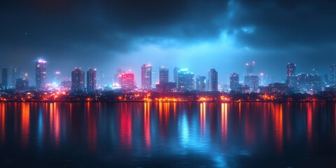 Fototapeta premium Skyscrapers illuminated by city lights reflected on water under a moody night sky