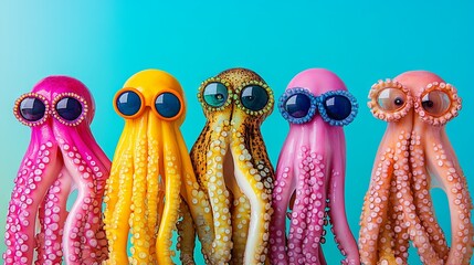 Fototapeta premium A creative animal concept featuring a group of octopuses dressed in funky, wacky, and wildly mismatched colorful outfits against a vibrant background