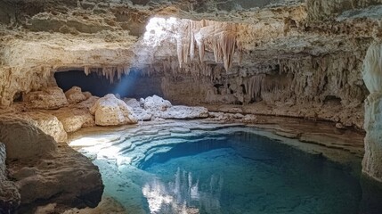 Naklejka premium Underground Cenote with Crystal Clear Water and Stalactites