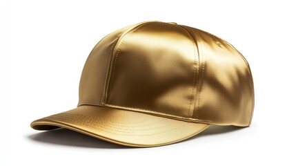 Fototapeta premium A gold snapback hat with a satin finish and bold styling, isolated on a white background.
