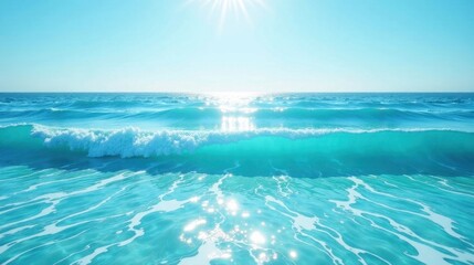 Fototapeta premium Serene Ocean Wave Crashing on Sunny Shore, Sparkling Water Reflecting Sunlight
