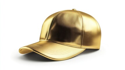 Fototapeta premium A gold snapback hat with a satin finish and bold styling, isolated on a white background.
