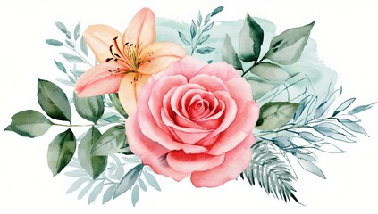 Fototapeta premium ピンクのバラとユリの水彩フラワーアレンジメント | Watercolor Floral Arrangement with Pink Rose and Lily