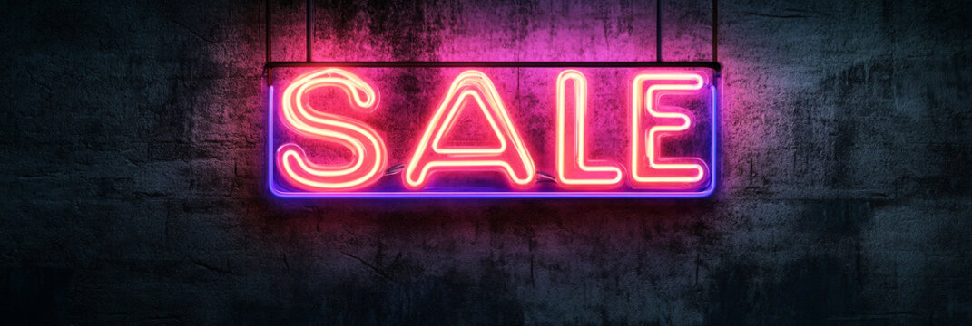 The glowing SALE neon sign creates an engaging atmosphere, emphasizing rankings with its vibrant light on a textured wall, banner