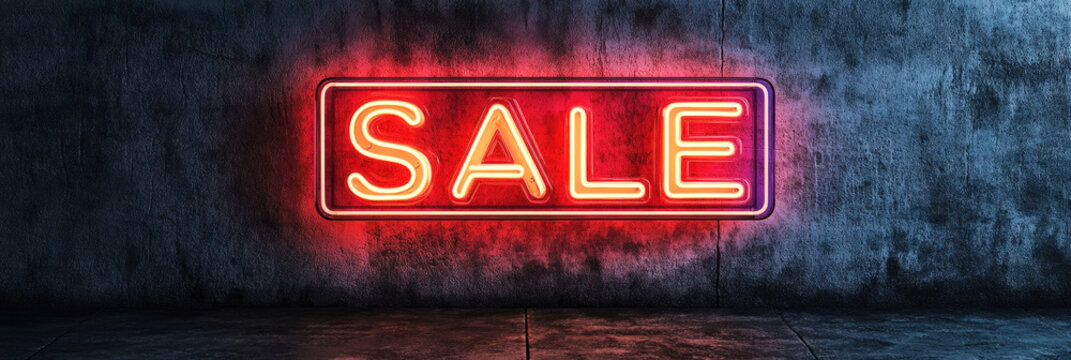 The glowing SALE neon sign creates an engaging atmosphere, emphasizing rankings with its vibrant light on a textured wall, banner