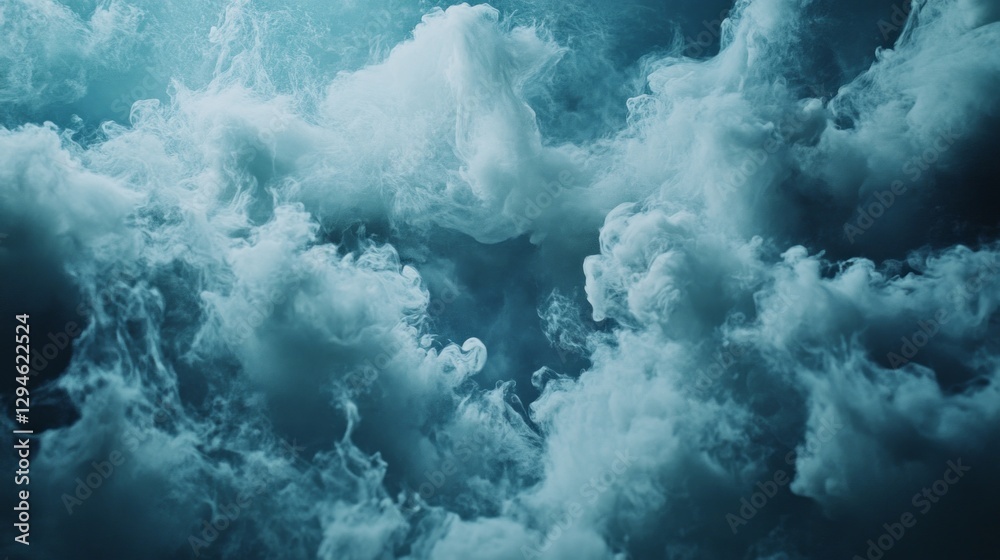 Poster soft, billowing clouds create an enchanting ambiance, merging hues of blue and white, inviting a sen