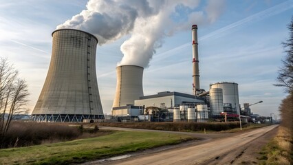 Fototapeta premium Industrial power plant with cooling towers and chimney emitting steam. Power plant with smoke. Polution in the air. Created with Ai