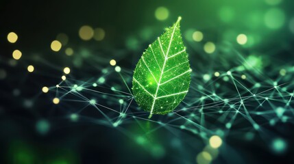 A green leaf icon glowing above a digital financial line graph, representing the integration of sustainability into business strategies for increased profitability