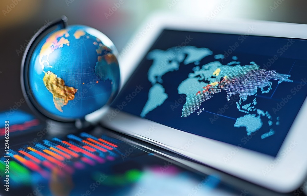 Poster a digital tablet displaying global business data with a world map and financial graphs, representing