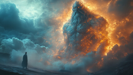 A demigod wields a colossal hammer, shattering a titan’s stone armor in an epic battle among the clouds generative AI