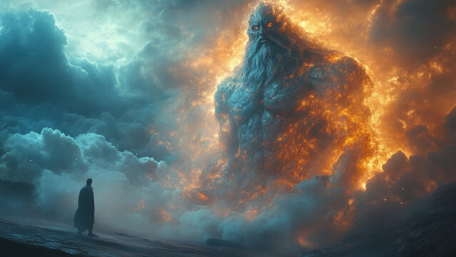 A demigod wields a colossal hammer, shattering a titan&rsquo;s stone armor in an epic battle among the clouds generative AI