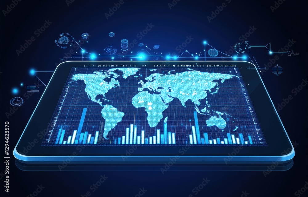 Poster a digital tablet displaying a global network and connectivity with data points, charts, graphs, and 