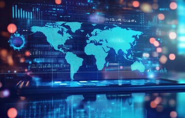 Fototapeta premium A digital tablet displaying global business data with a world map in the background, symbolizing technology and connectivity for online international trade and cultural exchange Generative AI