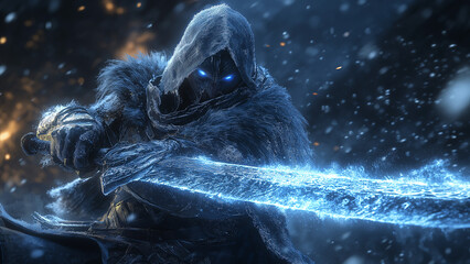 A warrior encased in crystalline armor swings a frost covered sword, freezing enemies mid strike generative AI