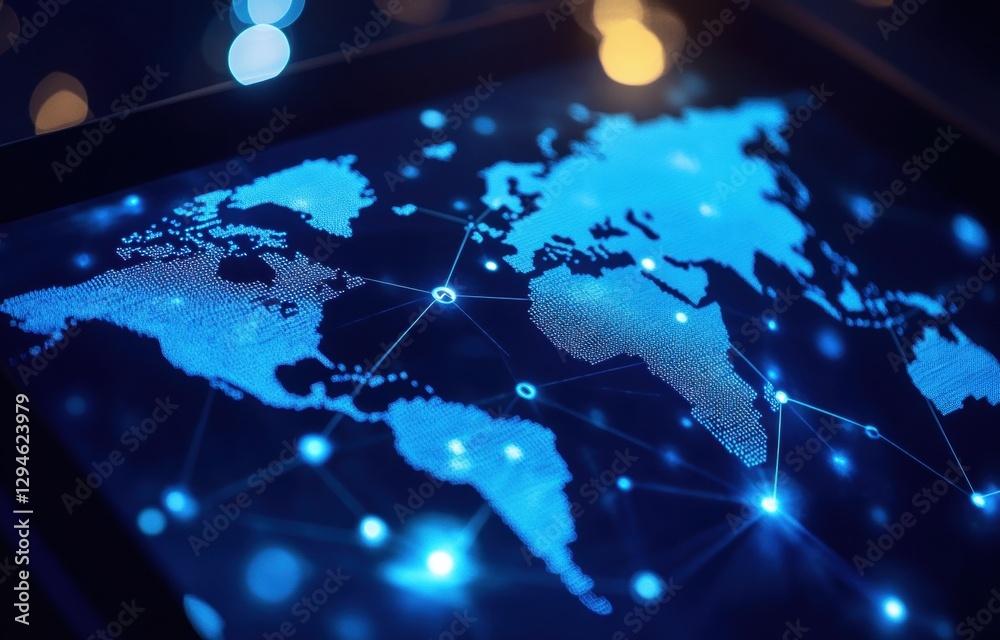 Poster tablet displaying global network connections and data, with an interactive map of the world in the b