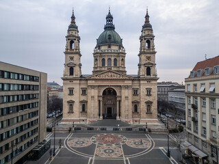 St. Stephen's Basilica dominating Budapest cityscape on a cloudy day Aerial view