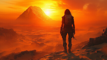 Obraz premium An adventurer uncovers artifact buried beneath the sands, power shifting reality around them generative AI