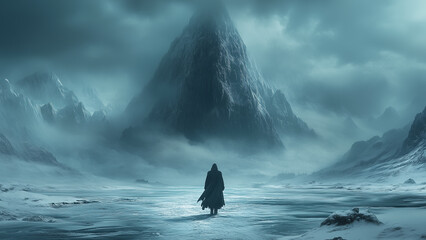 A lone knight walks across a frozen lake generative AI