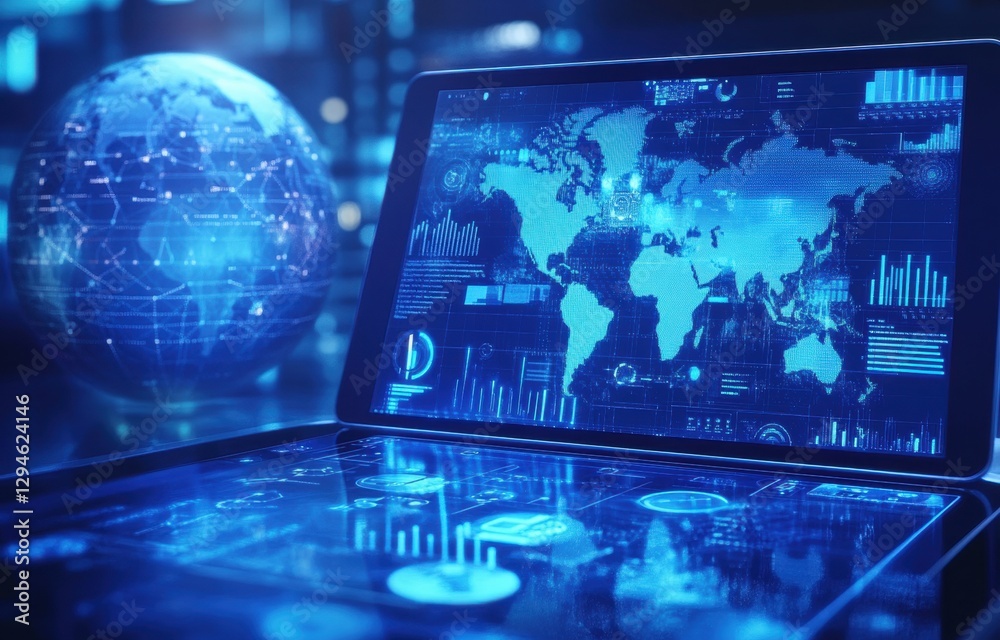 Poster a digital tablet displaying a global network and data, with an interactive map of the world in blue 