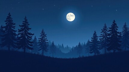 Naklejka premium Serene Nighttime Forest Landscape Under a Full Moon's Gentle Glow