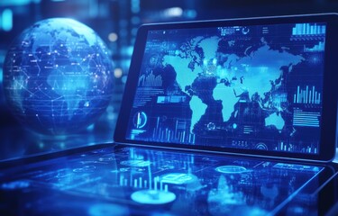 Fototapeta premium A digital tablet displaying a global network and data, with an interactive map of the world in blue tones Generative AI