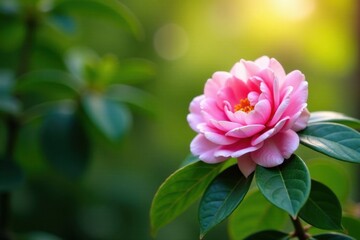 Obraz premium A Delicate Pink Blossom Illuminated by Golden Sunlight in a Lush Green Garden