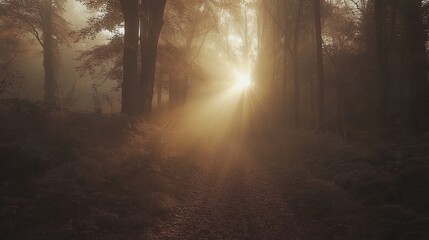 Obraz premium Serene Forest Path with Sunlight Filtering Through Trees in Autumn