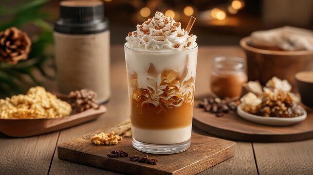 Iced coffee layered drink topped with whipped cream and cinnamon - Powered by Adobe
