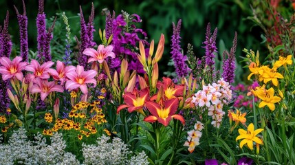 Obraz premium Vibrant Floral Border Featuring Daylilies, Liatris Spicata 'Kobold', and Heuchera in a Summer Garden