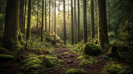 Sunlit Forest Path with Lush Green Moss and Trees