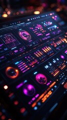 Obraz premium Futuristic Control Panel with Vibrant Neon Lights and Graphical Data