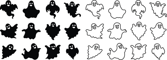 Halloween Ghosts icon of various scary isolated on transparent background. Horrible funny ghosts in children's cartoon style animal Magic symbols for parties, celebrations, templates Vector