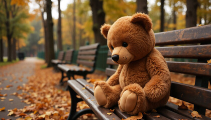 Sad teddy bear on a wooden bench in an autumn park for nostalgia, loneliness, and emotional storytelling concepts