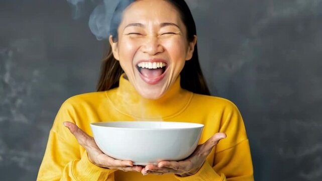 Smiling person holding steaming bowl, enjoying aroma. Cozy and warm mood captured in this heartwarming moment.
