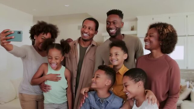 Happy family taking selfies at home