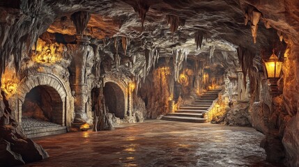Mysterious Underground Cave Interior with Stone Architecture and Golden Lights