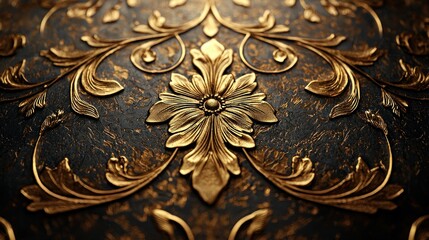 Golden floral ornate design, dark background, luxury texture, surface detail, design element