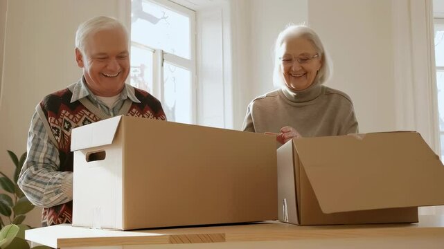 Happy senior couple unpacking boxes in new home
