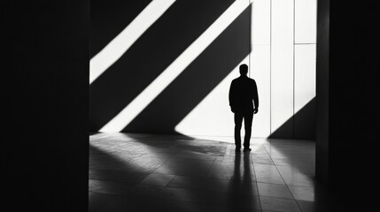 Silhouette of a Man Standing in a Light Filled Interior Space