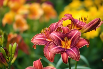 Fototapeta premium Vibrant Bloom of Red-Headed Daylily Flourishing in a Summer Garden Landscape