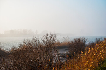 the river Po inside its Veneto side Delta during a winter season, Rovigo, Italy