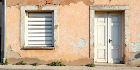 Fototapeta premium Distressed facade with weathered paint, featuring a closed white door and a window with white blinds