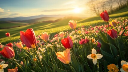 A breathtaking spring landscape with colorful tulips, daffodils, and cherry blossoms in full bloom, bathed in golden morning sunlight. A gentle breeze moves the petals, creating a dreamy, fresh atmosp