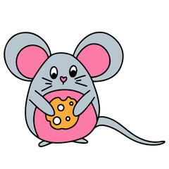 Мультяшный серый мышонок с розовыми ушами и животиком с сыром в руках