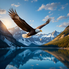 Majestic Bald Eagle Soars Above a Serene Mountain Lake.A powerful bald eagle, wings outstretched, soars majestically above a tranquil mountain lake at sunrise.