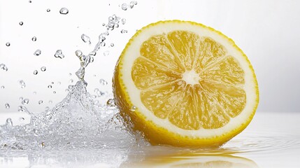 A halved lemon in water with splashes and droplets everywhere