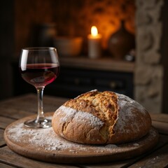 Bread and wine on wooden board for Good Friday
