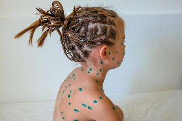 Smearing chickenpox ulcers on the back of a little girl with brilliant green 