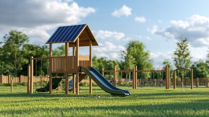 Children playing on solar-powered playground equipment local park outdoor scene sunny day