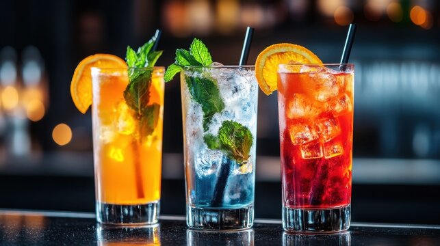 Bartender preparing colorful cocktails with ice, mint, and orange at bar